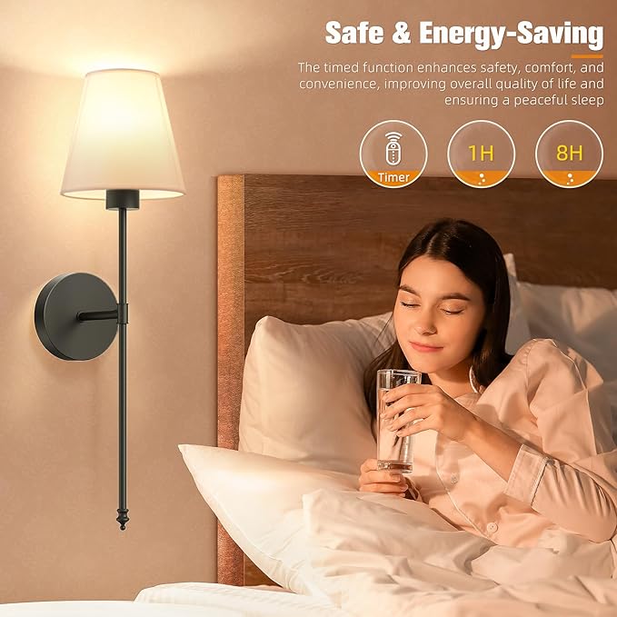 NIORSUN Battery Operated Wall Sconce Set of 2,Black Rechargeable Wall Lights with 5200mAh Dimmable Detachable Bulbs and Remote, 9 Colors Wireless Wall Lamps for Bedroom Living Room Hallway Decor