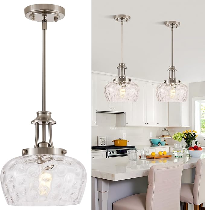 Modern Pendant Lights Kitchen Island, Brushed Nickel Pendant Light Fixtures with 10" Clear Hammered Glass Shade, Industrial Hanging Pendant Lights Fixture for Kitchen Island Dining Room Bedroom Foyer