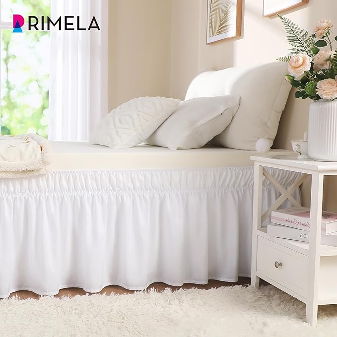 RIMELA White Bed Skirt Twin Size 15 Inch Drop, Elastic Bed Skirting for Adjustable Bed Base & Frame, Bedding Dust Ruffle Easy to Install, Lightweight Wrap Around Bedskirt