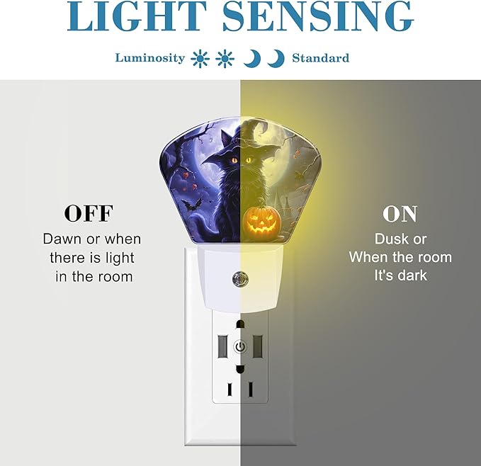 Black Cat with Witch Hat Night Light for Kids Girls Boys, Halloween Pumpkin LED Night Light Plug into Wall with Dusk to Dawn Sensor for Bedroom, Hallway, Kitchen, Bathroom, Stairs Decor