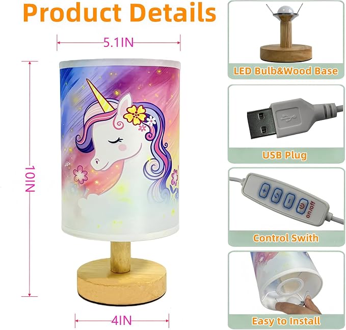 Unicorn Kids Bedside Table Lamp for Girls Bedroom 3 Color Dimmable Eye Caring LED Nightstand Lamp,Kids Night Light with LED Bulb,Cute Unicorn Room Decor Desk Lamp,Perfect Birthday Gifts for Girls