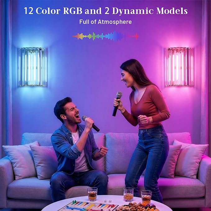 Black Battery Operated Wall Sconces Set of Two, Crystal Wireless Wall Light with Remote, Rechargeable Cordless Wall Lamp 12 RGB and 3 CCT Dimmable Decor for Bedroom Living Room Hallway