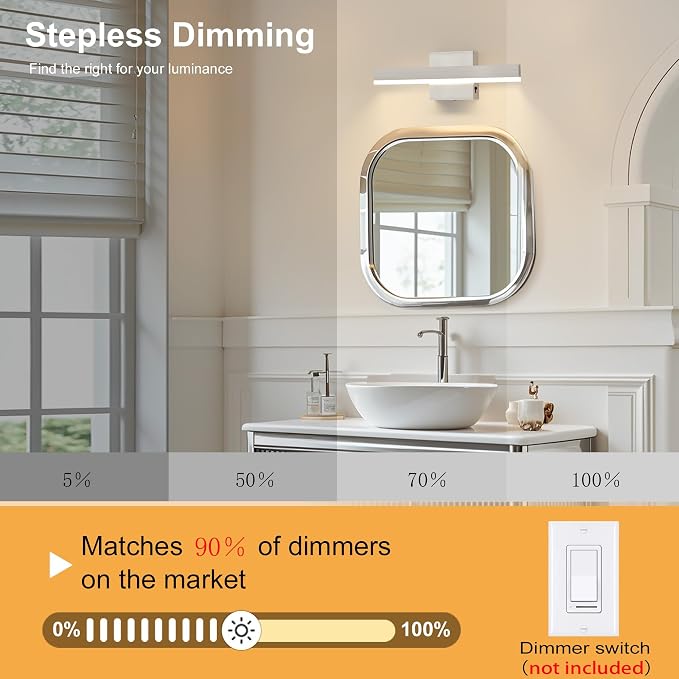 Nickel Bathroom Vanity Light Fixture 15.7'' 20W Dimmable 5CCT LED Hardwired | Bathroom Light Fixture Over Mirror, Bathroom Wall Sconce, Rust-resistant, ETL Certificated, 2700K/3000K/3500K/4000K/5000K