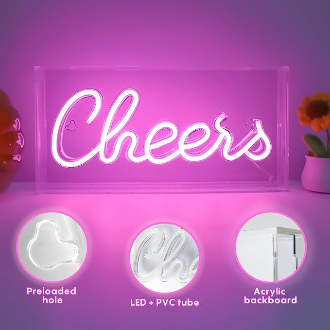 Cheers Neon Sign, USB LED Desk Lightbox Cheers Sign with ON/OFF Switch, 3D Neon Light up Sign for Table Decor, Wall Decor, Bar, Pub, Bachelorette Party (Pink)