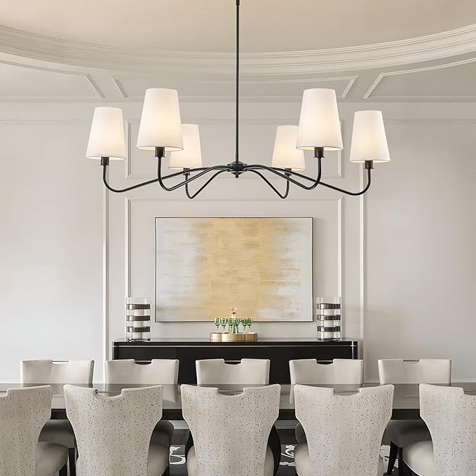 47'' Modern Chandelier with Shades, Farmhouse Chandeliers for Dining Room Light Fixture, 6-Light Large Black Chandelier, Height Adjustable Traditional Chandeliers for Living Room Kitchen E12 Base