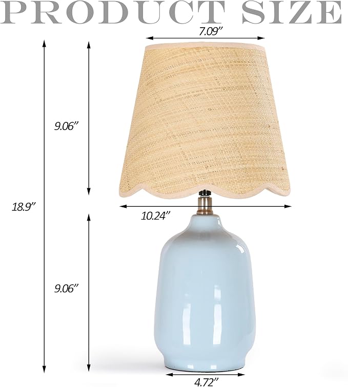 19" Modern Ceramic Table Lamp for Living Room Light Bule Base Desk Lamps for Bedroom Farmhouse Bedside Nightstand Lamp End Table Lamps,Sky Bule,Rattan Shade