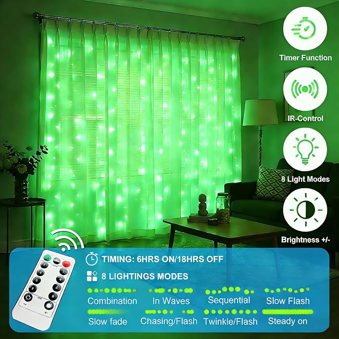 300 LED Fairy Curtain Lights, 9.8 x 9.8FT Green USB Plug in 8 Modes Hanging Lights with Remote for Christmas, Bedroom, Indoor, Outdoor, Weddings, Party (Green)