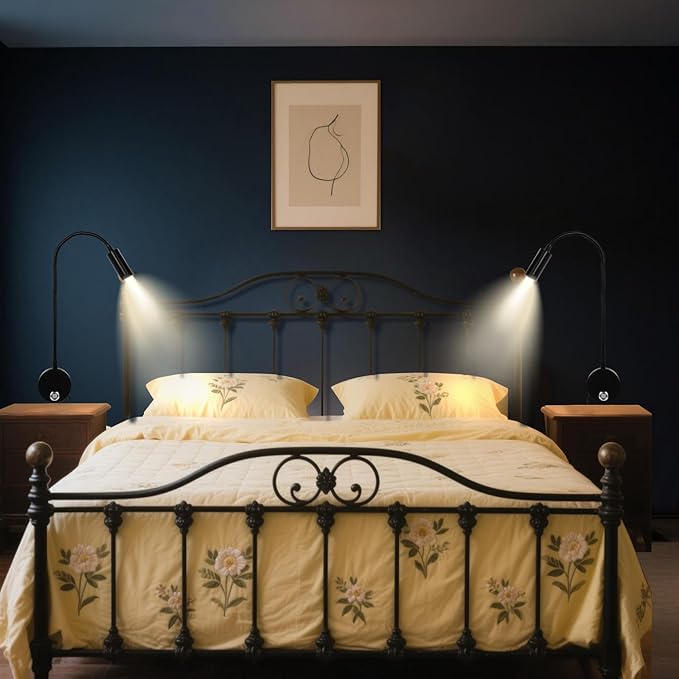 Reading Light for Bed, Wall Mounted Reading Lights with 15" Flexible Gooseneck, Touch Control, 3 Colors Temperature and Stepless Dimmable, Plug in Headboard Bedside Light(1 Pack)