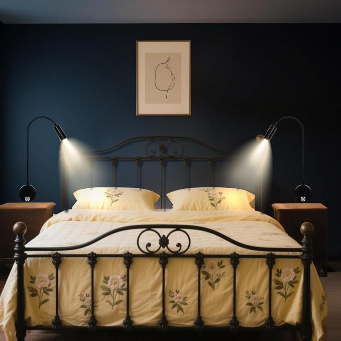 Reading Light for Bed, Wall Mounted Reading Lights with 15" Flexible Gooseneck, Touch Control, 3 Colors Temperature and Stepless Dimmable, Plug in Headboard Book Light - Silver(2 Pack)