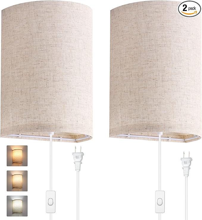 AVV Wall Sconces Set of Two, Wall Lamp Plug in with On/Off Switch, 2700K 4000K 5000K Selectable, Wall Lights for Bedroom, Living Room, Wall Decor for Bedroom, Fabric Linen Lamp Shades
