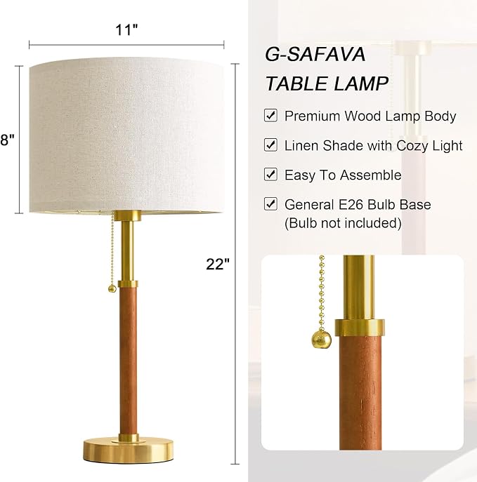 22" Wood Table Lamps Mid Century Modern Lamp for Bedroom Living Room Bedside Lamps for Night Stands Nightstand Lamp with Pull Chain Gold Small Side End Table Lamps Set of 2 Vintage Deco Gifts