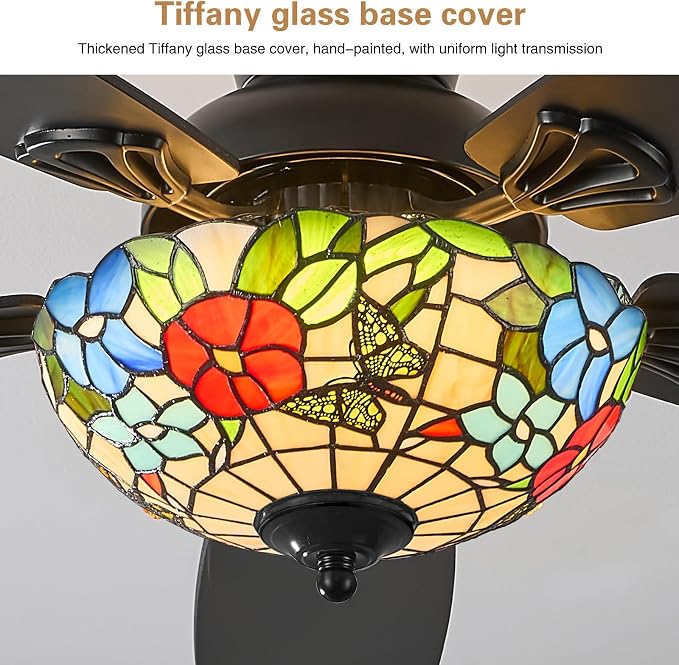 Tiffany Ceiling Fans with Lights-48"Ceiling Fan Chandelier and Glass Shade | 48" Ceiling Fan Chandelier with 5 Dual-Blades and Glass Shade, 6 Speeds and Reversible, Indoor and Outdoor, Retro Style