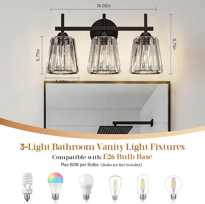 Crystal Bathroom Light Fixtures Over Mirror, Black 3-Light Bathroom Vanity Lights Over Mirror Modern Wall Lighting Sconces with Ceramic E26 Base (Bulbs Not Include)