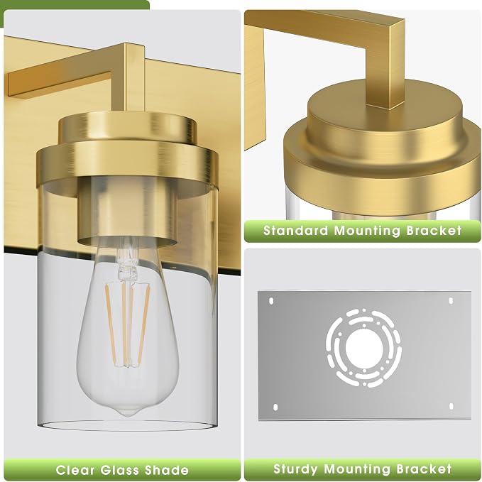 Bathroom Lighting Fixtures, 3-Light Bathroom Vanity Lights Over Mirror, Brass Vanity Light with Glass Shade, Modern Vanity Lighting Fixtures for Bedroom, Hallway