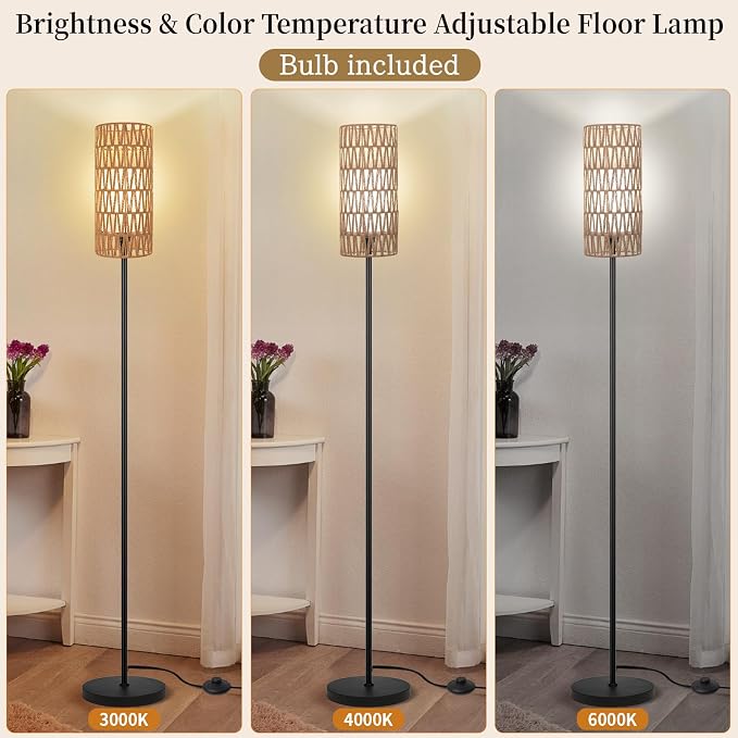 Ruiever Floor Lamp for Living Room,Farmhouse Floor lamp,Modern Standing lamp with Hand-Worked Rattan Shade (Double Shade-with Remote)