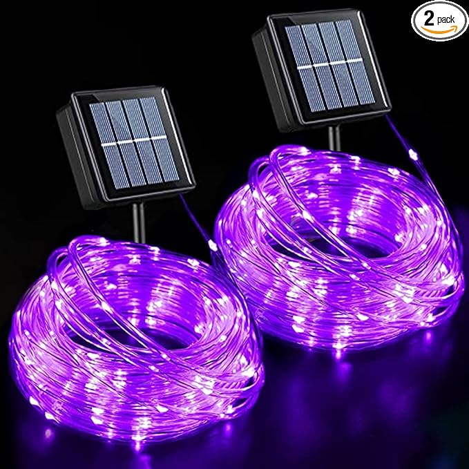 QITONG 2 Pack Purple Solar Rope Lights, Each 33ft 100 LED String Lights Outdoor, 8 Modes Fairy Lights in Clear Thin Tube