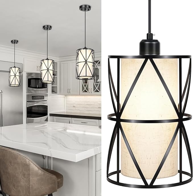 7"×10" Matte Black Pendant Light, Adjustable Height Island Lights for Kitchen with Linen Shade, Modern Kitchen Pendant Lighting Over Island, Dining Room, and Living Room