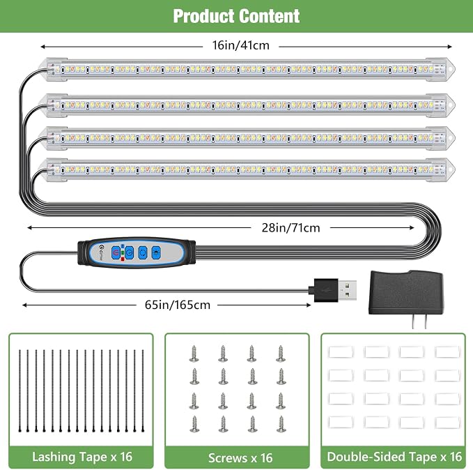 Kullsinss 16in Grow Light Strips, 4-Bar 240 LEDs Full Spectrum Plant Light | Growing Lamp for Indoor Plants with 6/12/16H Auto Timer, 5 Dimmable Levels, 15W Sunlike Plant Lamp for Seedling (2-Pack)