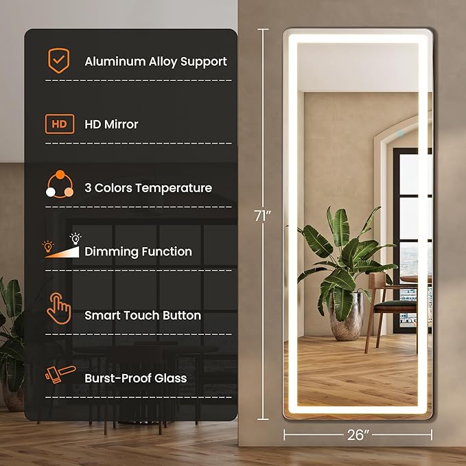 LED Full Length Mirror 71x26 Inch, Lighted Floor Body Mirror with Stand | Tall Arch Aluminum Frame Mirrors with Dimmable 3 Color Lighting, Hanging Mounted Mirrors for Living Room, Bedroom, Cloakroom