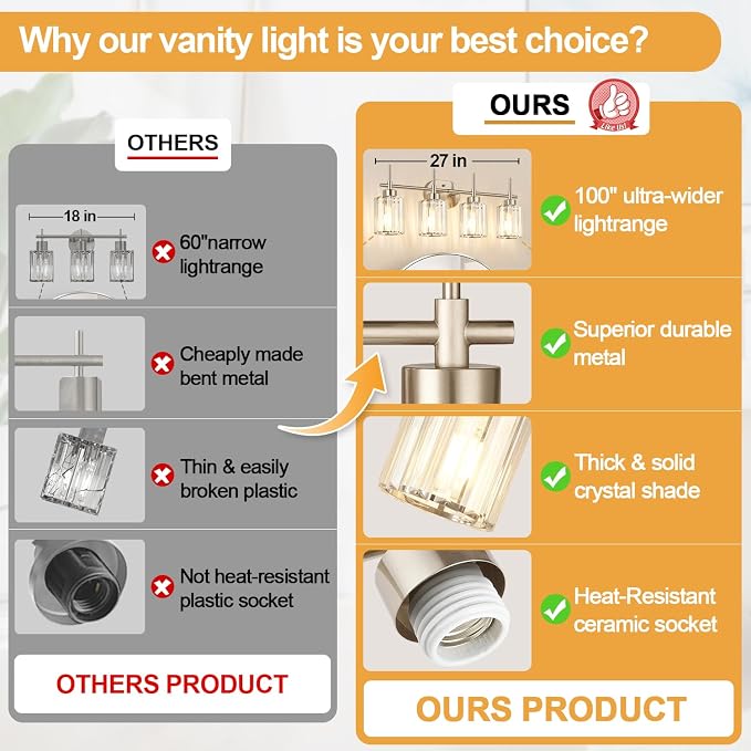 Modern Crystal Vanity Light Fixtures, 4-Light Brushed Nickel Bathroom Vanity Lighting Over Mirror, Bathroom Light Fixture with K9 Clear Crystal Shades for Bedroom, Living Room, Hallway