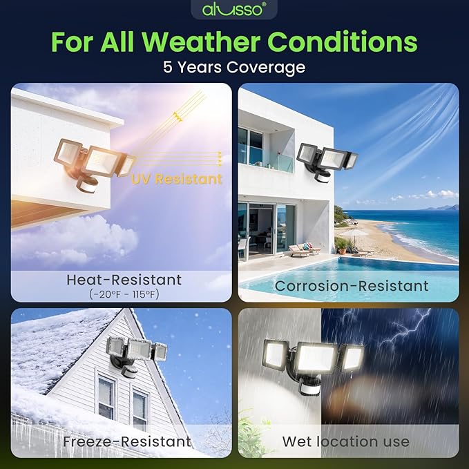 ALUSSO Motion Sensor Outdoor Lights Hardwired(Not Solar),40W 4500LM Flood Lights Outdoor 120V,3 Modes(Dusk to Dawn/Auto/On Time), 3CCT 3000K/4000K/6500K Security Light for Garage Yard Porch,Black,ETL
