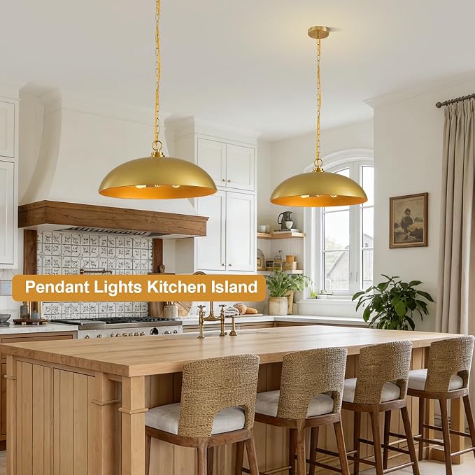 20in Gold Dome Pendant Light 3-Light Kitchen Island Dining Room | Industrial Brass Large Oversized Pendant Lights Chandelier Ceiling Hanging Lighting for Kitchen Island Dining Room Over Table