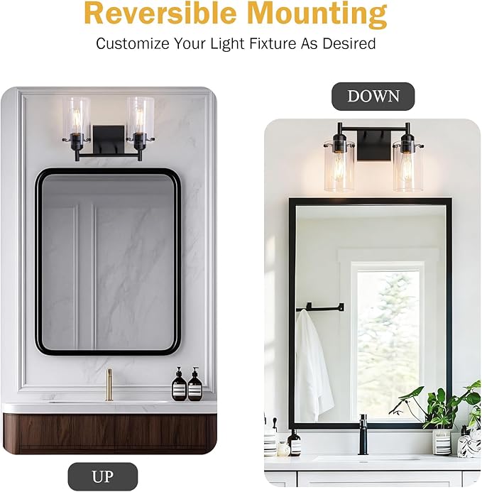 Matte Black 2-Light Bathroom Light Fixtures,Bathroom Vanity Light Over Mirror with Glass Shade,Modern Farmhouse Wall Sconces Lighting for Bedroom Cabinet Kitchen Living Room