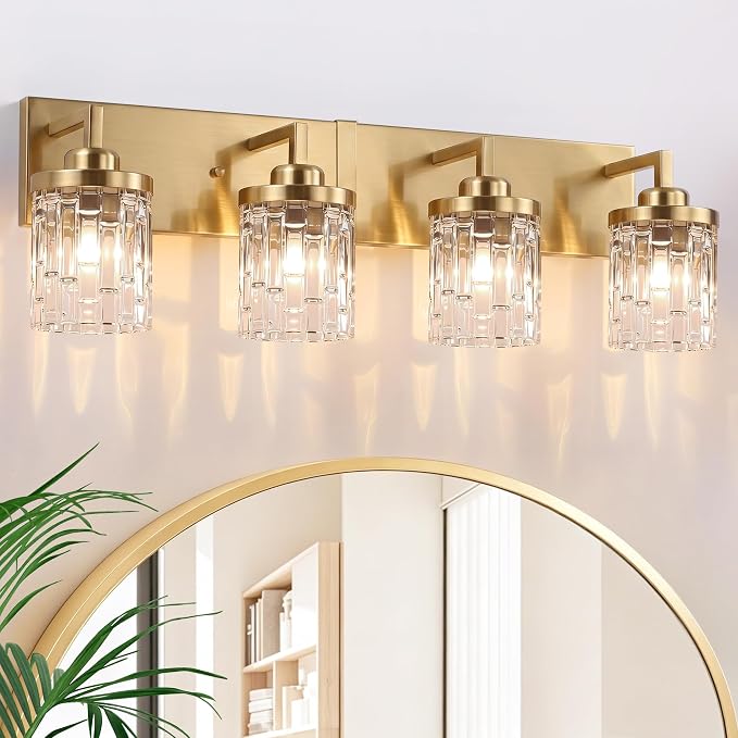 maesta Gold Bathroom Light Fixture,4 Light Modern Vanity Light Over Mirror | Modern Vanity Light, Gold Metal & Crystal Glass Fixture, Anti-Rust, Easy to Install for Bathroom Hallway Bedroom Entryway