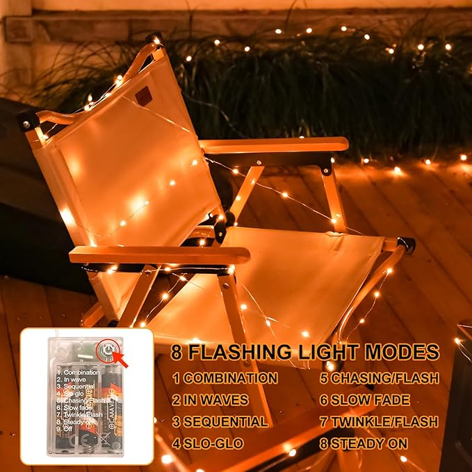 Orange Fairy Lights Battery Operated (Included), 8 Modes & Auto Timer, 2 Packs 5m 50Led Mini Twinkle Silver Wire Firefly Starry Lights, Waterproof Battery Operated Lights for Mason Jars