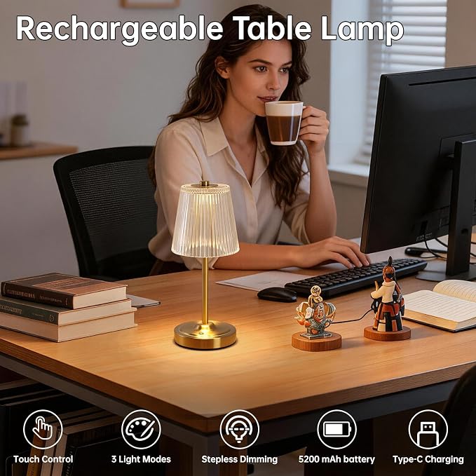 Shenmoyl Set of 2 Cordless Touch Table Lamp with 5200mAh Battery - 3 Adjustable Color Temperatures & Dimmable, Rechargeable Lamp for Bedsides, Living Room, Entryway, Bookshelves (Transparent Stripe)