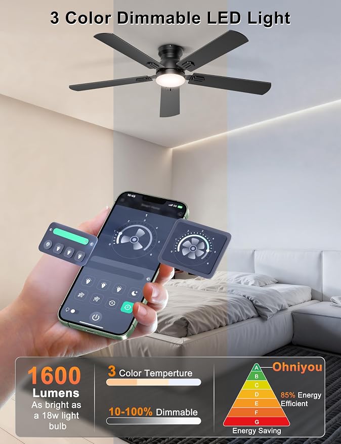 Ohniyou 52'' Low Profile Ceiling Fan with Lights, Remote/APP Control, Black | Flush Mount, Dimmable 3CCT LED, Quiet Reversible DC Motor; Memory Function, 5475 CFM, for Bedroom Living Room Kitchen
