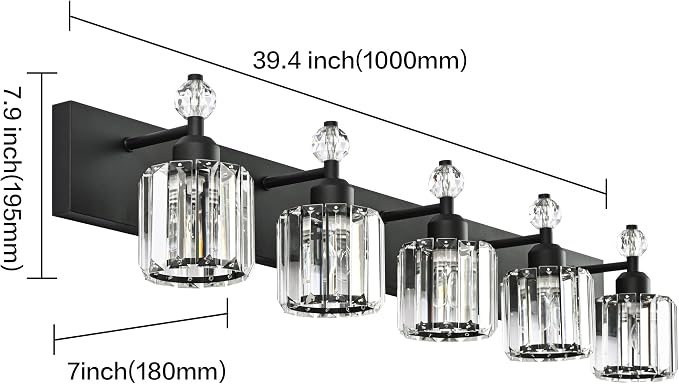 PRESDE 5-Light Crystal Bathroom Vanity Light Modern Matte Black Bathroom Lights Fixtures Over Mirror Wall Lamp for Over Mirror Bedroom Hallway