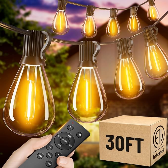 30FT Outdoor String Lights with Remote, Waterproof Patio Lights with 10+1 Shatterproof LED Bulbs,Dimmable Hanging Decor for Backyard Garden Porch Bistro, Timer & 3 Modes,2200K Warm White