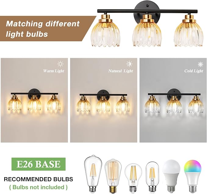 TALOYA Black Gold 3-Light Bathroom Vanity Light with Amber Tulip GlassShade | Modern Vanity Lighting Fixtures, Bathroom Lights Over Mirror, Wall Mount Mirror Light Fixtures for Bathroom Hallway Bedroom