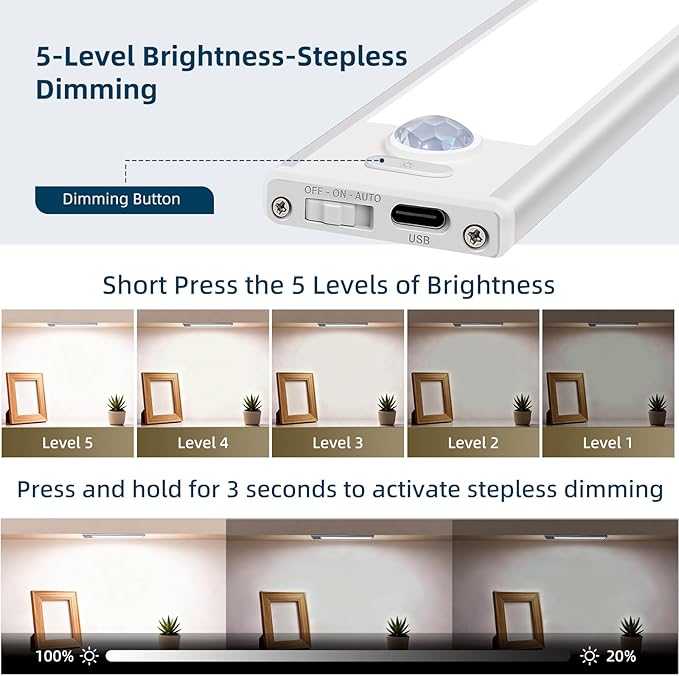 10 inch Dimmable Under Cabinet Lighting, 40 LED Rechargeable Battery Motion Sensor Light Indoor, Stick On Magnetic Closet Lights, Under Counter Lights for Kitchen, Stairs, White Light 5 Pack