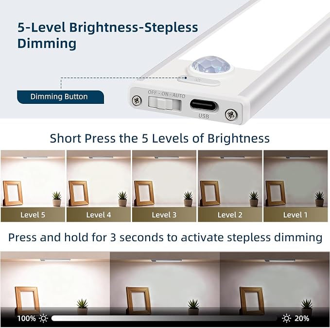 5 Pack Dimmable Under Cabinet Lighting, 32 LED Rechargeable Battery Motion Sensor Light Indoor, Stick On Magnetic Closet Lights, Under Counter Lights for Kitchen, Stairs, White Light 8 in