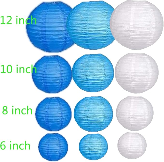 12Pcs Paper Lanterns 6”, 8”, 10”, 12”,Paperlanterns Party Decoration, Blue Paper Lanterns for Wedding, Bridal, Birthday, Outdoor, Home, Garden, Holiday and Party.