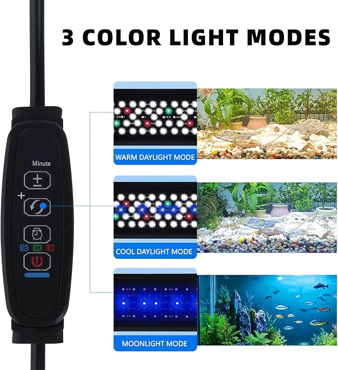 USB LED Aquarium Light for 12–18 Inch Fish Tanks – Timer with Auto On/Off, 10-Level Brightness, White/Blue/Red+White Modes, Extendable Brackets & Hanging Design