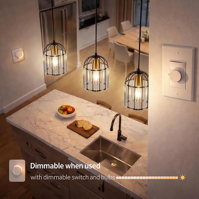TALOYA Pendant Lights Kitchen Island Black, Crystal Pendant Light Modern for Dining Room, Height Adjustable Chandelier Hanging Island Light Fixtures for Kitchen Hallway(Bulb Not Included)
