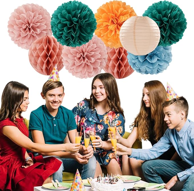 Dusty-Blue Orange Teal Party-Decorations Paper-Flowers - 15pcs Fall Rose Gold Blush Pink Birthday Baby Bridal Shower Tissue Pom Poms Lanterns Streamers,Wedding Bachelorette Hanging Supplies Hugfond