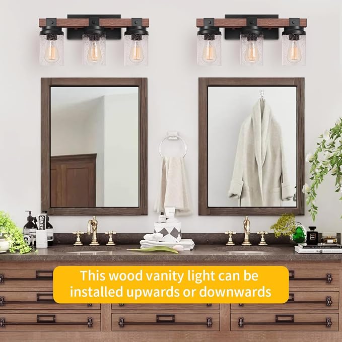 3-Light Farmhouse Vanity Lights Bathroom Lighting Fixtures Over Mirror | Faux Wood Rustic Wall Mount Light with Clear Seeded Glass Shade,Industrial Black Metal Wall Sconces for Bathroom Living Room