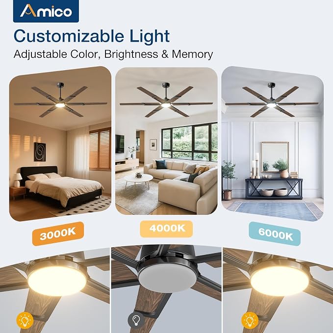 Amico 72 Inch Ceiling Fans with Lights and Remote, Walnut | 6 Speed Reversible DC Motor, 3CCT, Dimmable, Quiet, Timer, Large Modern Ceiling Fan for Living room, Indoor/Outdoor