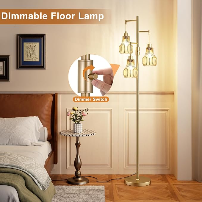 Ziisee Dimmable Gold Floor Lamps for Living Room, 70" Farmhouse Tree Standing Tall Lamps with 3 Elegant Cage Shade & 800 Lumens LED Bulbs for Bedroom Office