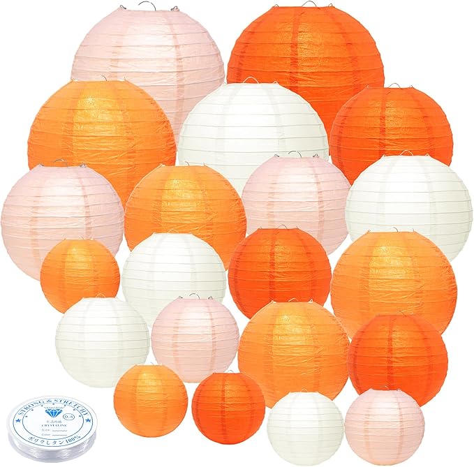21 Pcs Orange Paper Lanterns Party Decorations, 4/6/8/10 Inch Thanksgiving Party Hanging Paper Lanterns for Fall Harvest, Wedding, Birthday, Baby Shower, Classroom Ceiling Home Decor Indoor Outdoor