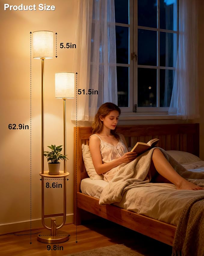 Lightdot 63Inch Floor Lamp Dimmable Gold Floor Lamp with 5Lbs Heavy Base for Living Room 2-Light Mid Century Modern Tall Standing Lamp with Table for Bedroom/Sofa Beside/Corner Decor(Bulbs Included)