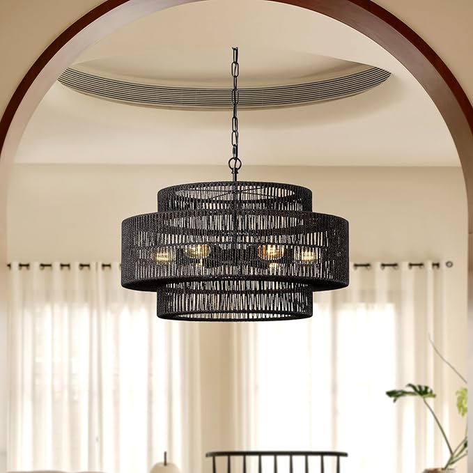 23.6" Black Large Boho Rattan Chandelier Light Fixture, 6-Light Rattan Hand-Woven Rustic Chandelier Drum Pendant Light Fixture for Dining RoomBedroom Living Room Entryway Foyer