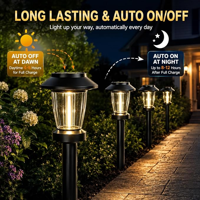 Solar Pathway Lights Outdoor, 8 Pack Warm White Tungsten Filament Solar Lights, 3 Lighting Modes, Auto On/Off, IP65 Waterproof, Dusk to Dawn Solar Garden Lights for Yard, Driveway, Lawn & Landscape