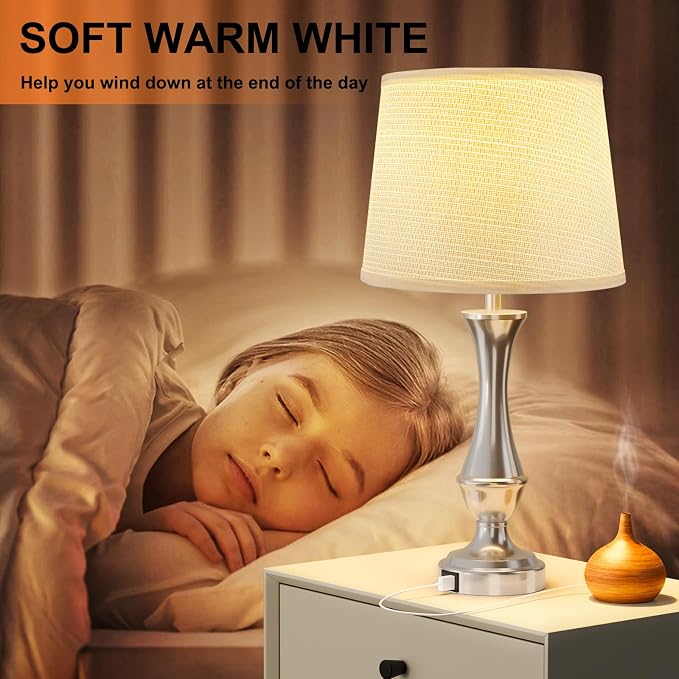Touch Lamps for Nightstand, 3 Way Dimmable Lamps for Bedroom with USB C+A | Touch Control, USB C+A Charging Ports, Table Lamps for Living Room, Night Stands, Bedside, Bedroom, Bulb Included, Silver