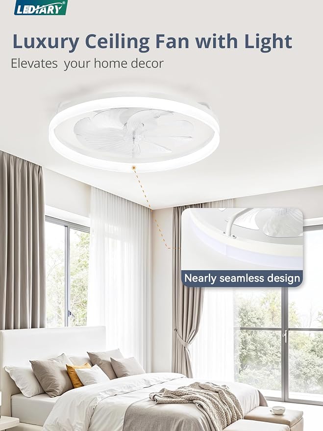 LEDIARY 23" Low Profile Ceiling Fans with Lights, APP & Remote, White | Flush Mount, Dimmable LED, Quiet DC Motor, Reversible, 6 Speeds, Fandelier, for Bedroom