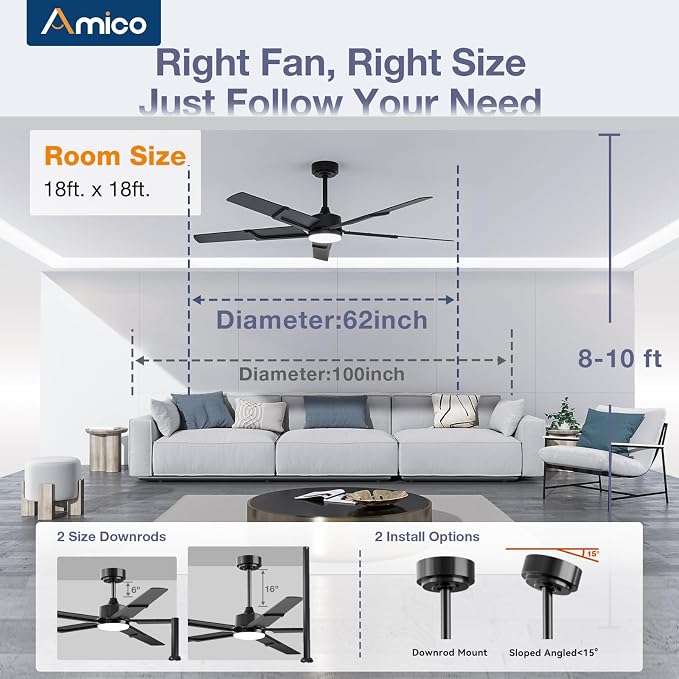 Amico 62 Inch Ceiling Fans with Lights and Remote, Black | 6 Speed Reversible DC Motor, 3CCT, Dimmable, Quiet, Timer, Large Modern Ceiling Fan for Living room, Indoor/Outdoor